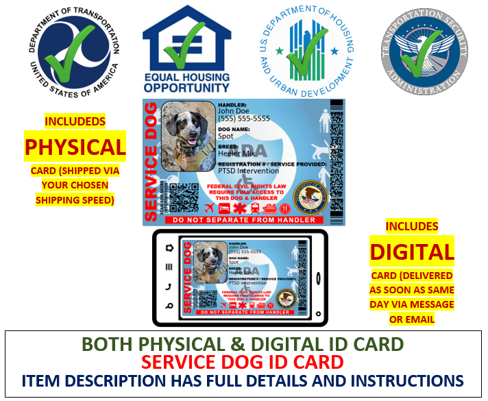 SERVICE DOG ID CARD ADA 2 SIDED CUSTOMIZABLE PHYSICAL & DIGITAL CARD