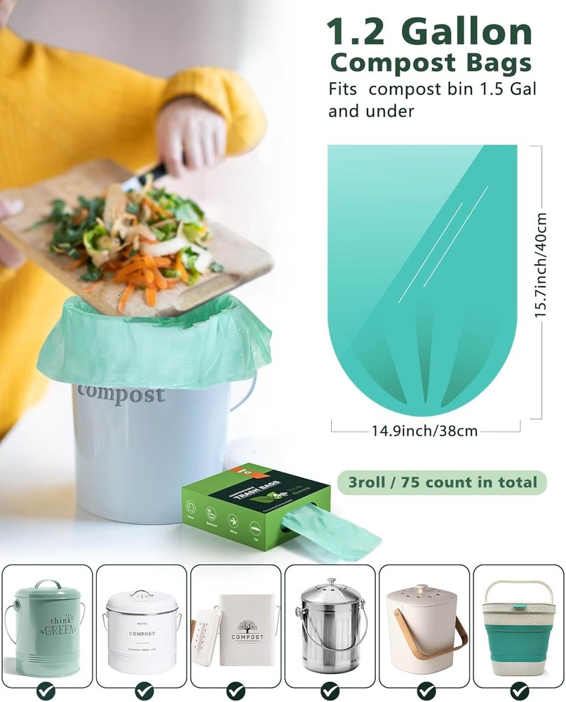 Compostable 1.2 Gallon Garbage Bags, 74 Count Wastebasket Can Liners