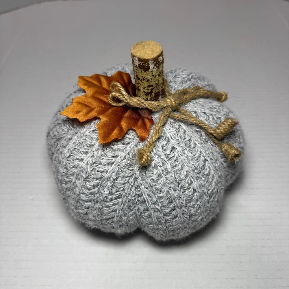 Gray Knit Sweater Pumpkin Fall Decor with Leaf, Rustic Farmhouse Style