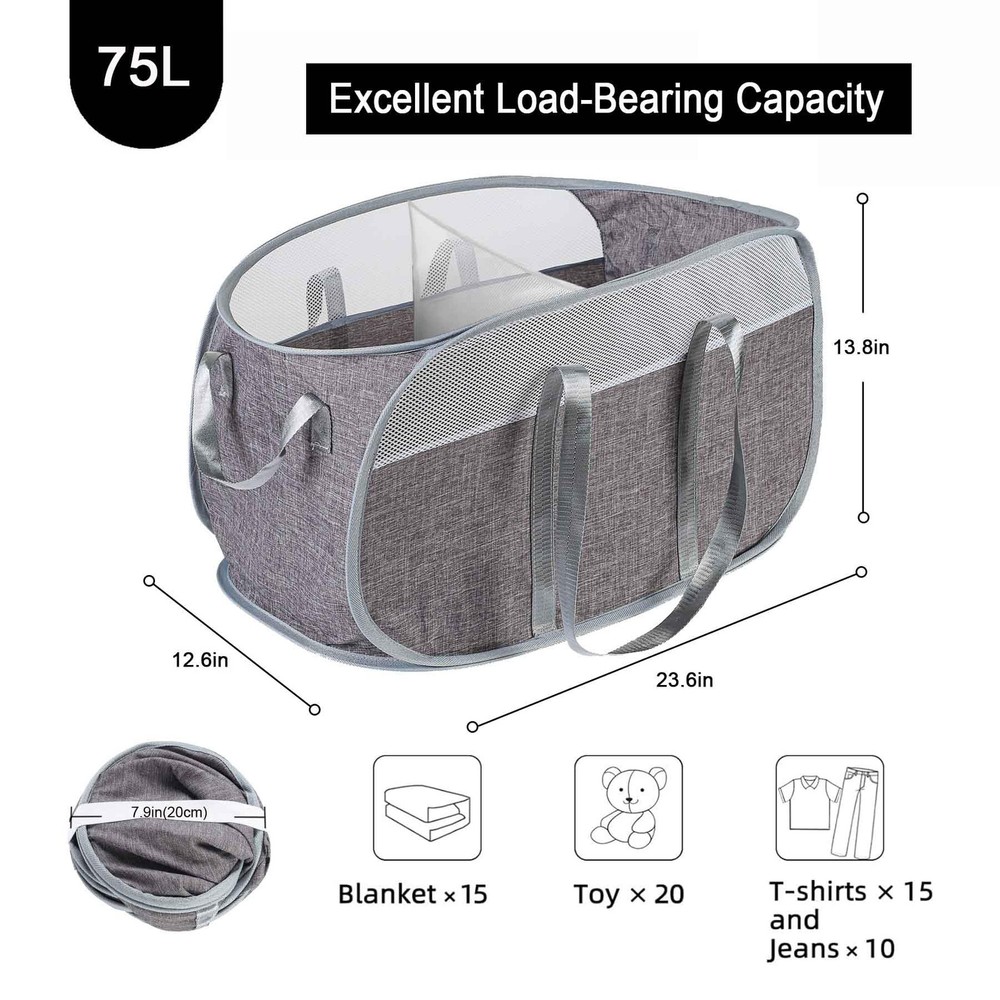 Collapsible Laundry Baskets, 2 Compartment Pop Up Mesh Hamper Foldable 75L La...