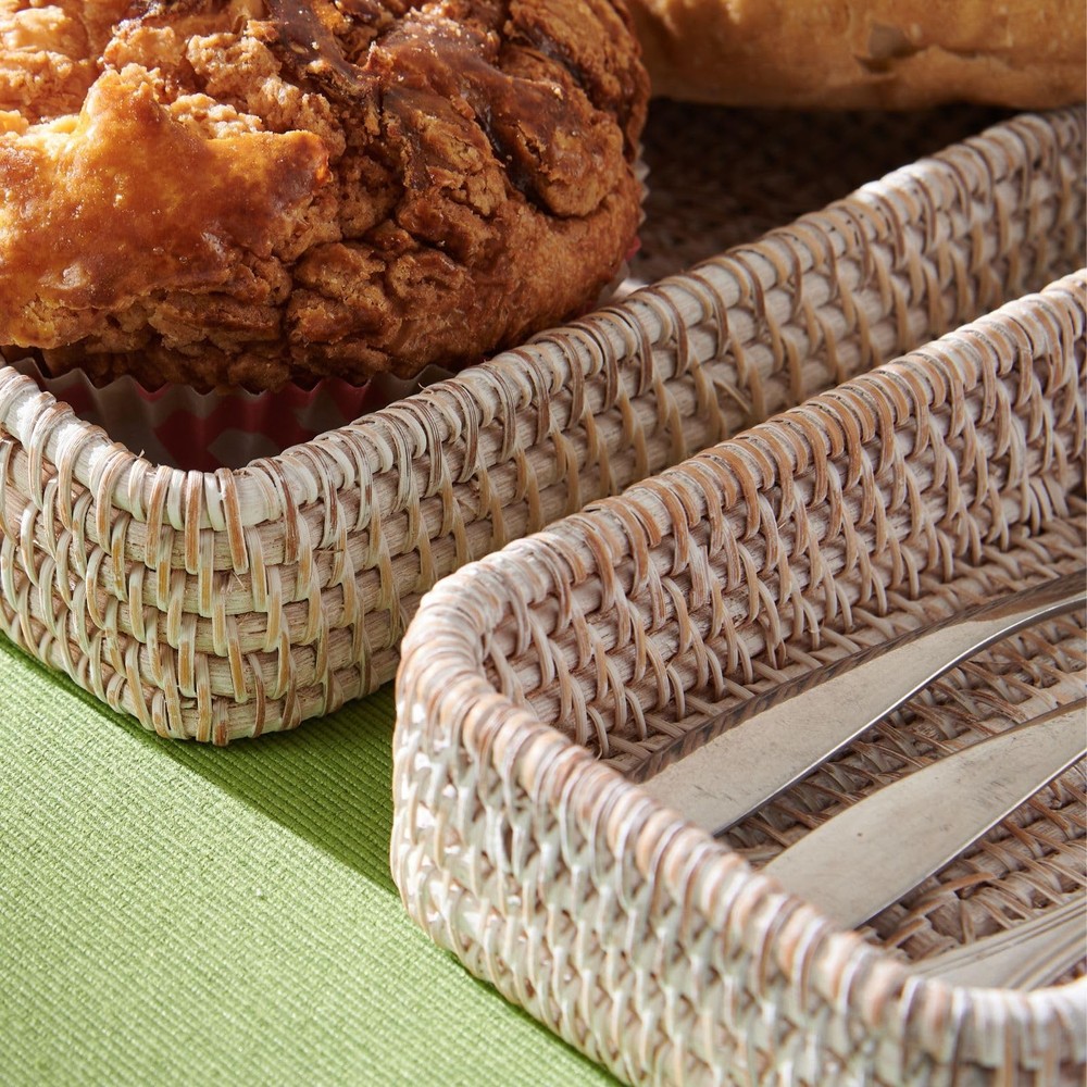 Rattan Serving Tray Set - Rectangular Woven Wicker Decorative Baskets