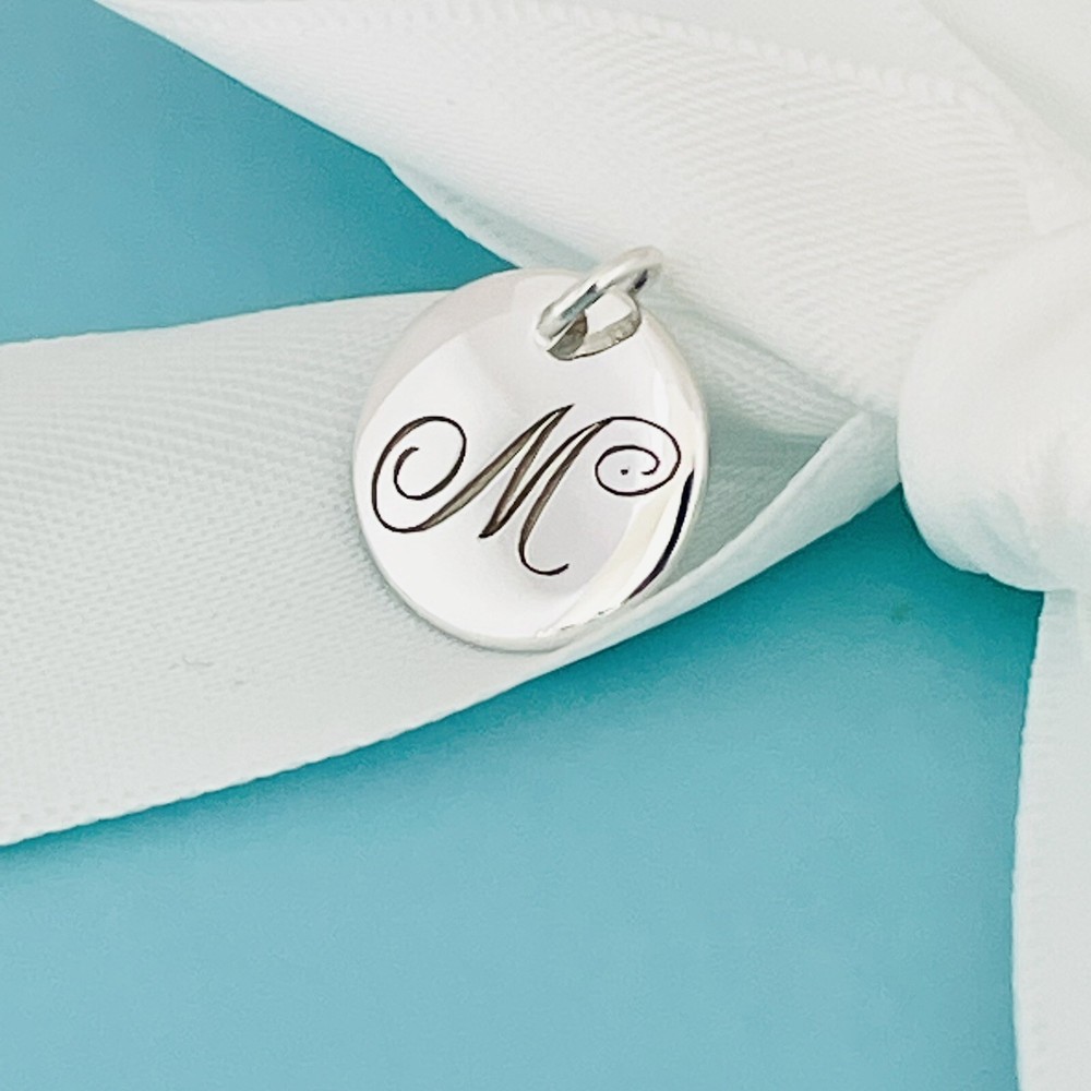 Tiffany Silver Letter M Alphabet Initial Round Circle Notes Charm Pendant