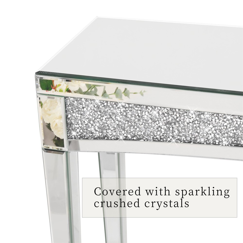 Modern Console Table Mirrored Finished Glam Silver Entryway Table Crystals Inlay