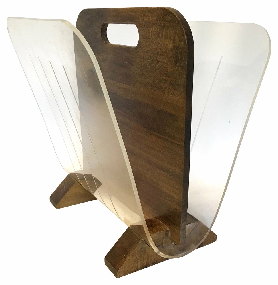 Modernist Walnut & Lucite Magazine Rack