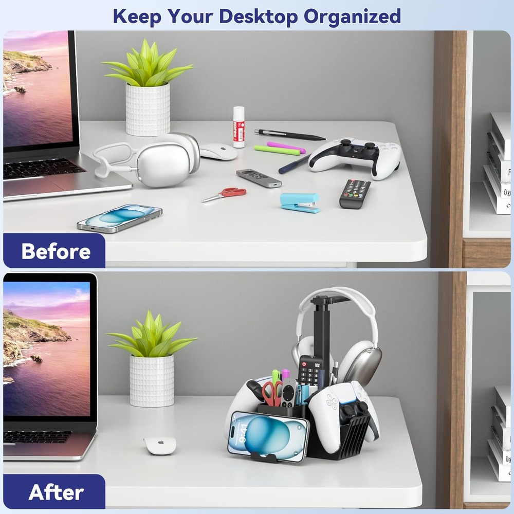 Dual Controller Holder with Headphone Stand - Multi-Functional Desk Storage Box