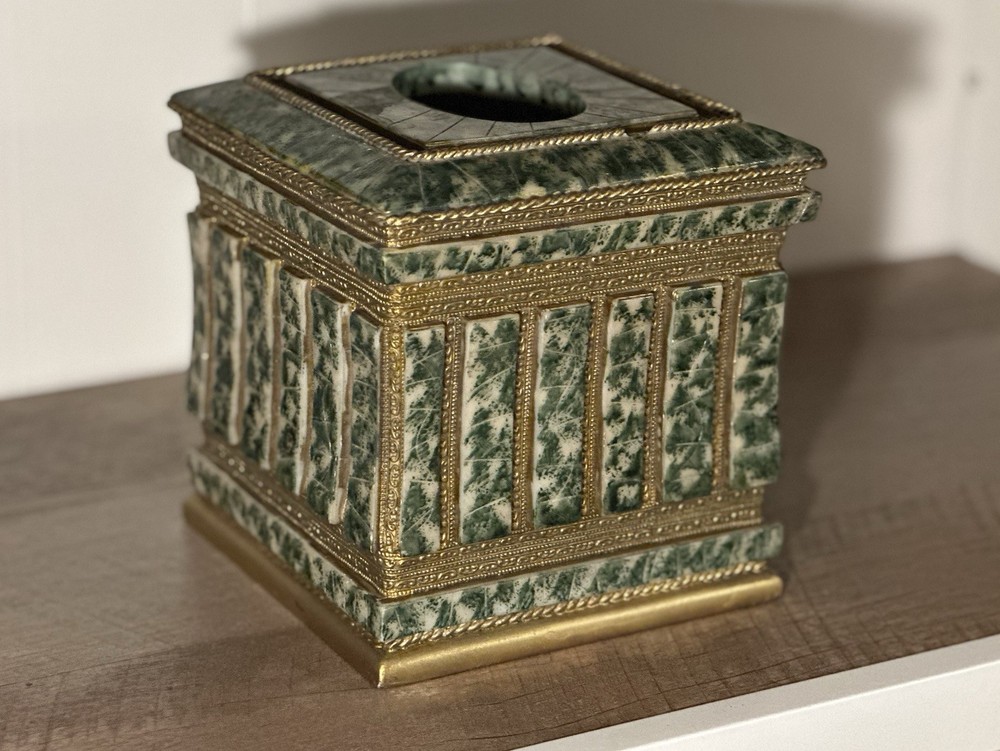 Green Gold White Resin Square Tissue Box Cover Classic Abstract Pattern