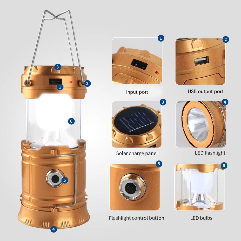 LED Camping Lantern, Solar and Rechargeable Lantern Flashlight Golden