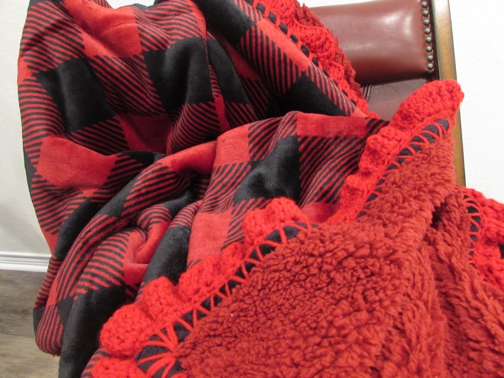 Oversize Reversible Plush Sherpa Throw Blanket Red Crochet