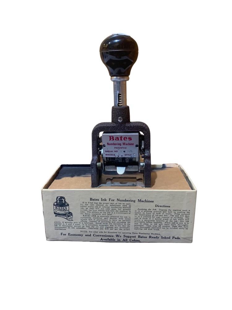Vintage Bates Numbering Machine Stamp, 6 Wheels Style E W/Box & Instructions