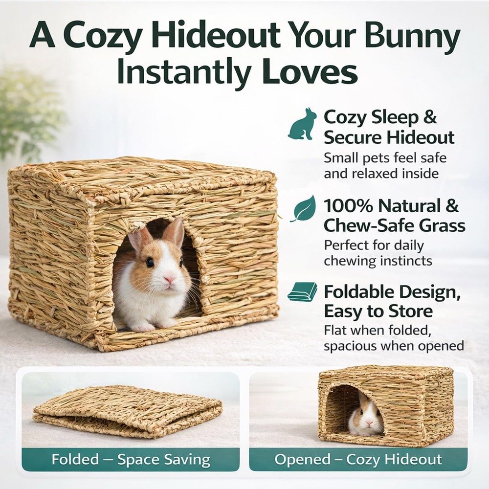 Extra Large Grass House for Rabbit, Foldable & Comfortable - Small Animal Hut...