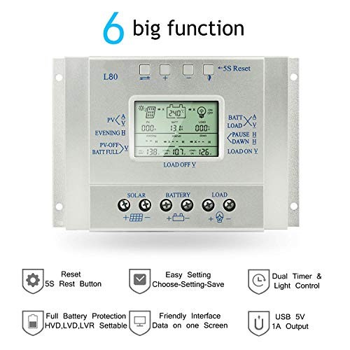 Solar Charge Controller 80 amp Solar Panel Regulator with Load Timer, 12V 80A