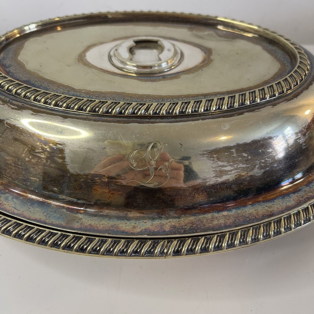 Antique Oval Silver Plated Tureen Key Handle,missing Handle. Monogram L On Cover