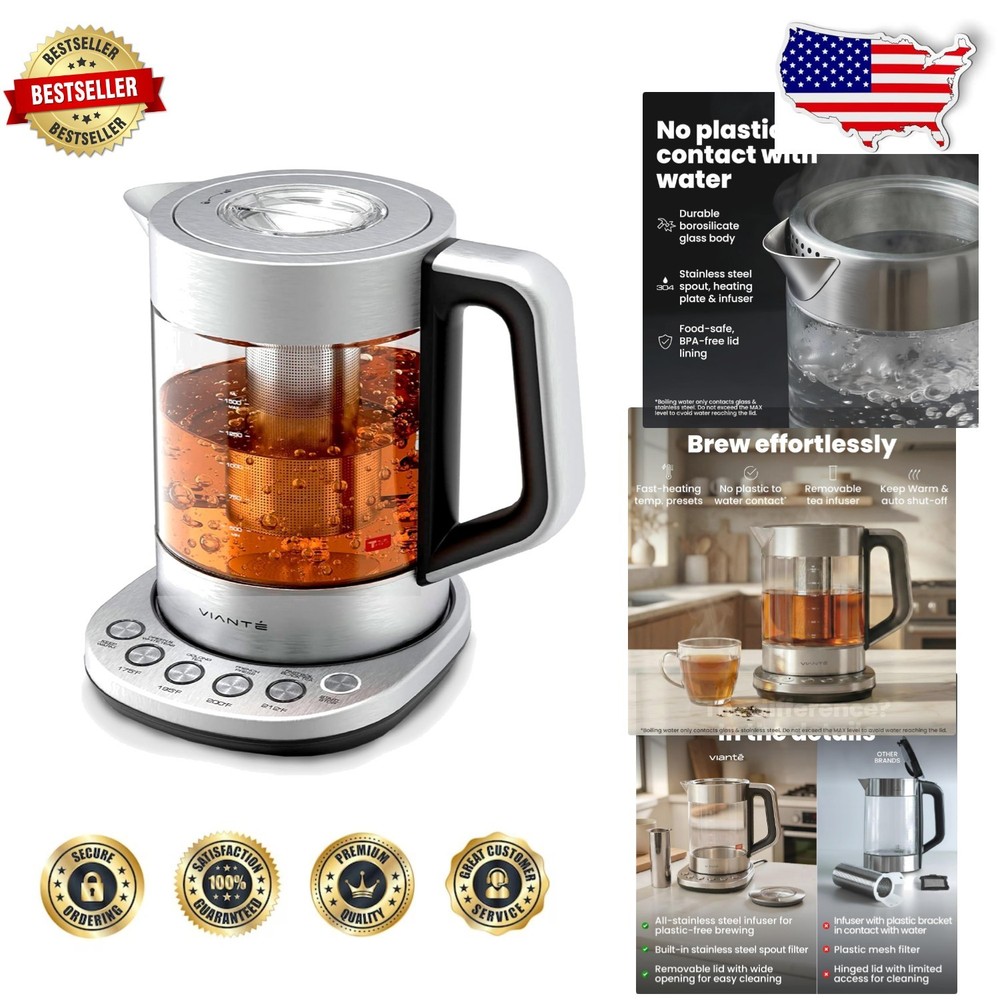 Smart Electric Kettle - Digital Temp Control, 1.5L Glass, Stainless Steel