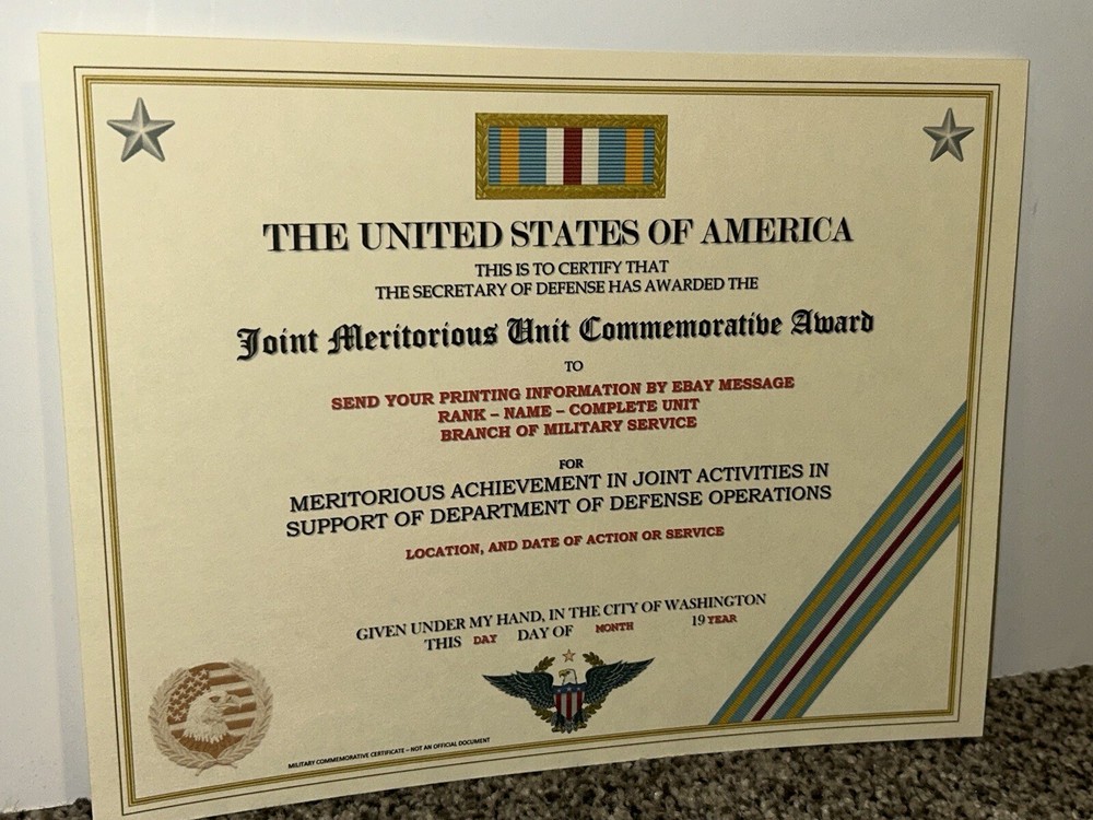 JOINT MERITORIOUS UNIT COMMEMORATIVE AWARD CERTIFICATE ~W/PRINTING T-1