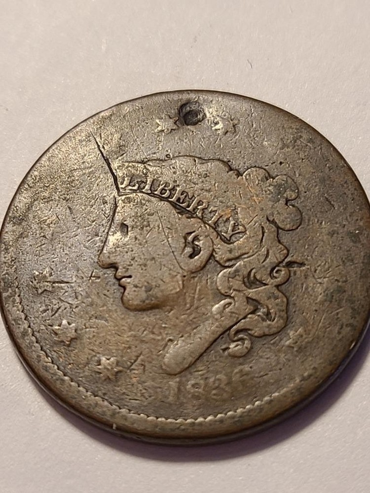 1833 MATRON HEAD LARGE CENT PENNY, VF DETAILS, HOLED