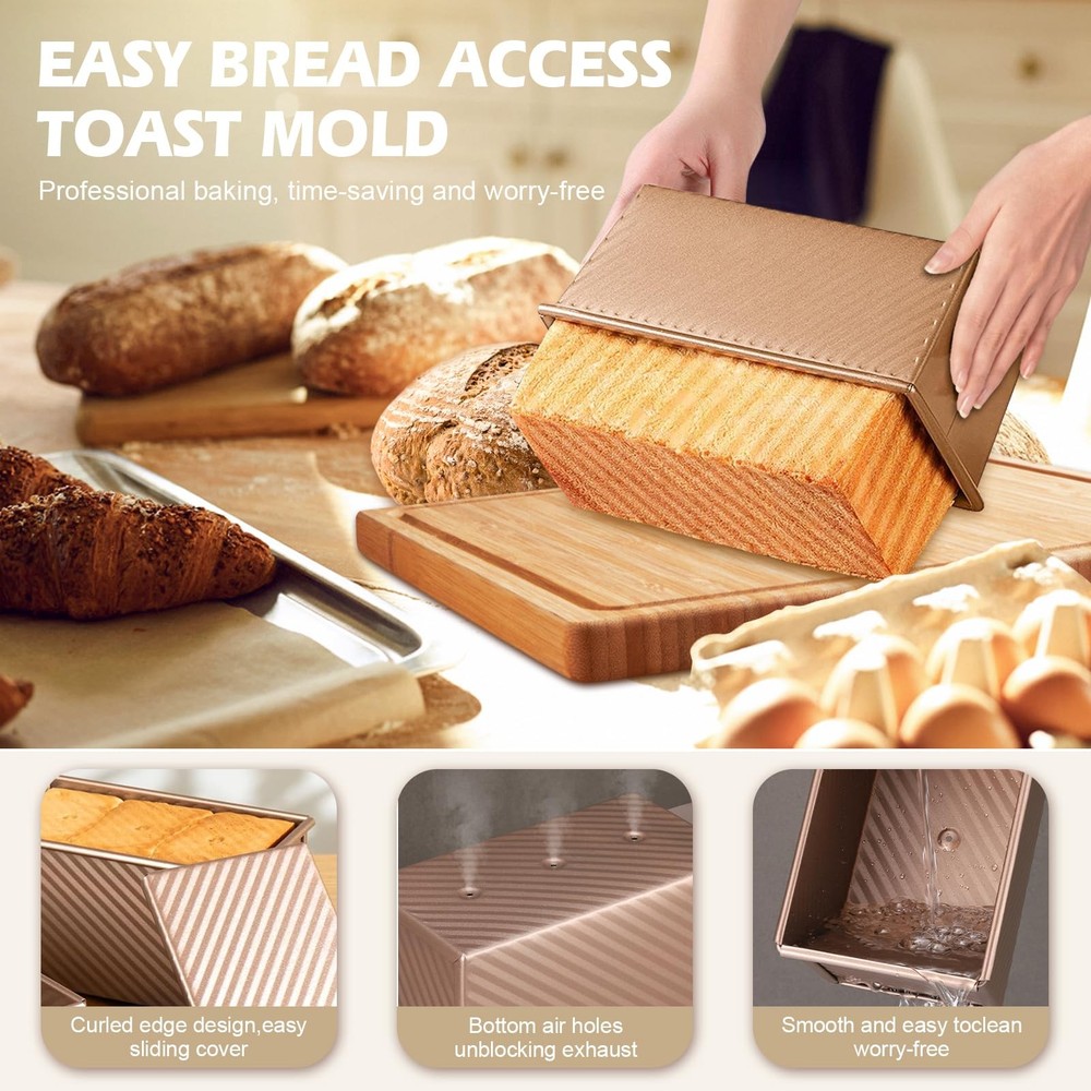2Pack Pullman Loaf Pans with Lids 2.2 LB & 1 Dough Capacity Non-Stick Carbon