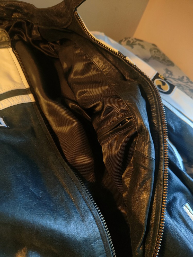 Jacket Mens Medium Leather Black White Biker Motorcycle