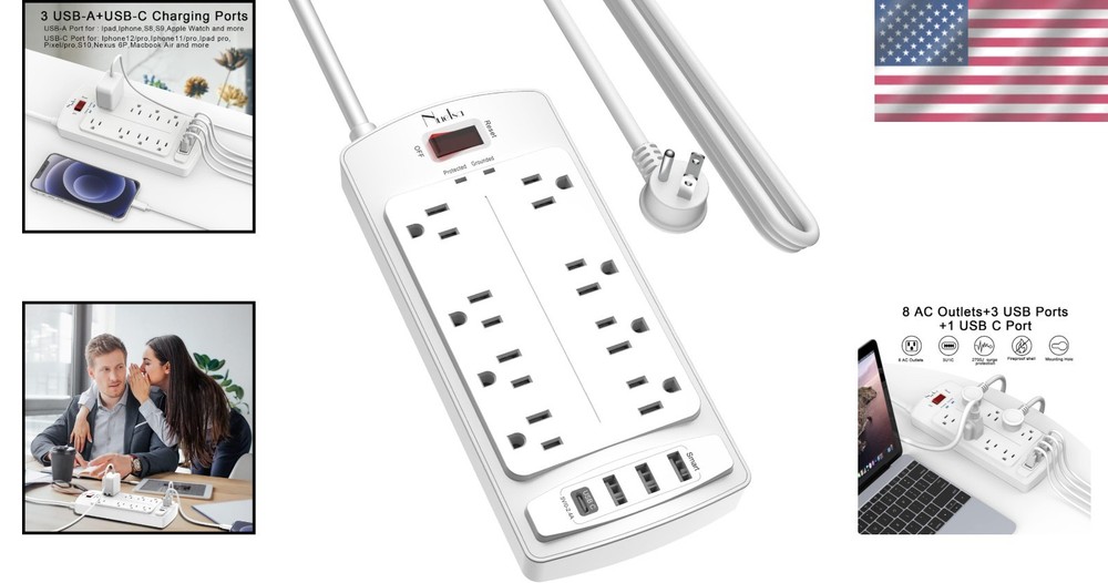 Versatile Surge Protector Power Strip with 8 Outlets & 4 USB, Listed, 10ft