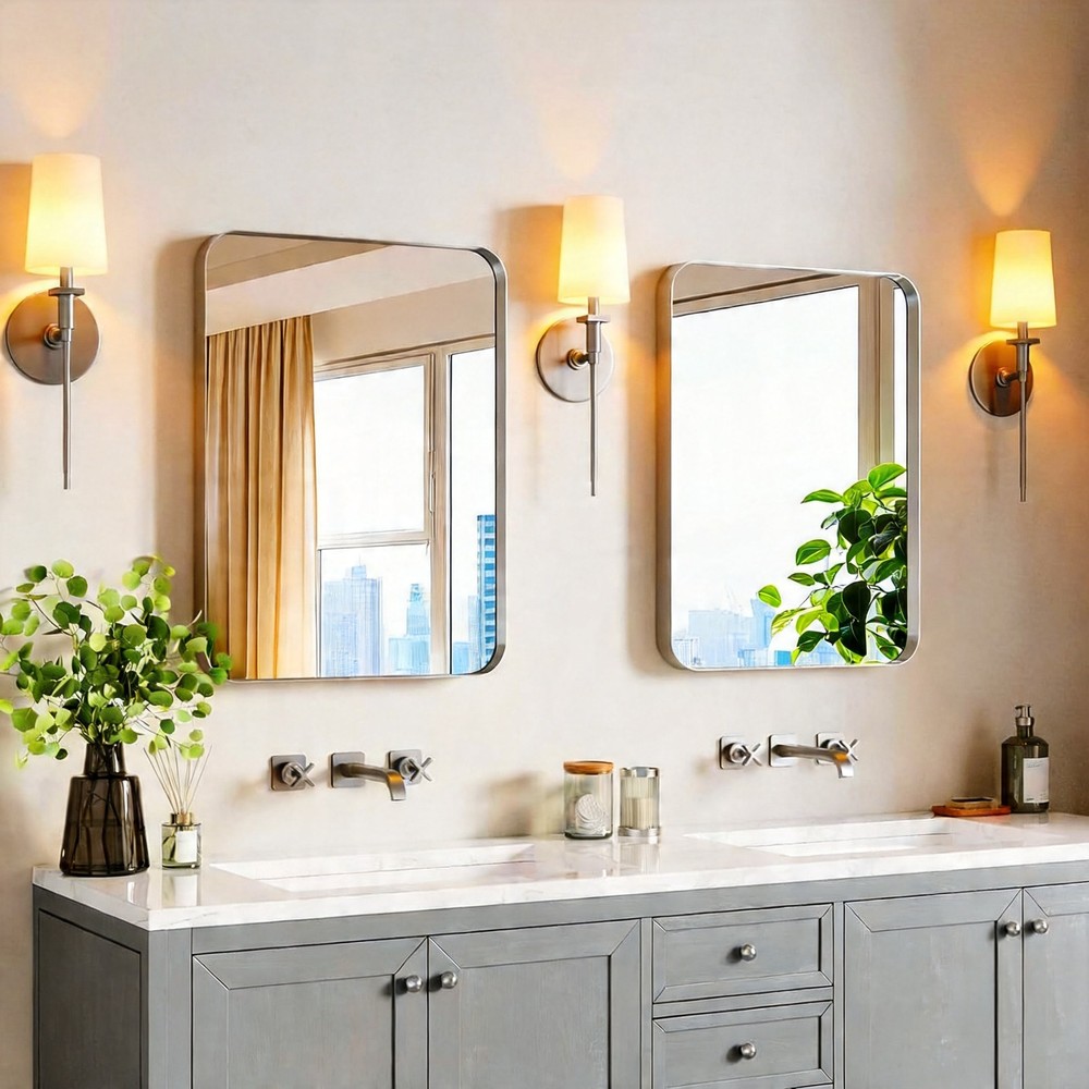 USHOWER 22x30 Brushed Nickel Bathroom Mirror 2 Pack Rectangle Wall Mounted Hooks