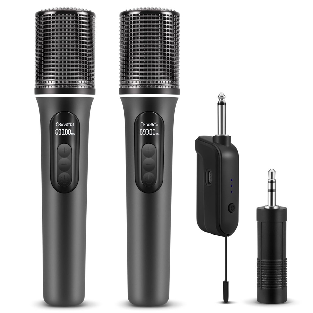 Wireless Microphones, 5-level Volume Adjustment, Dual Handheld Dynamic black