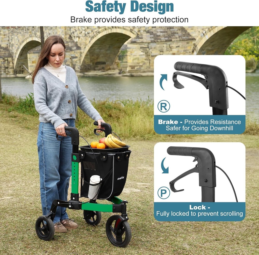 Rollator Walker All Terrain 10“Front 3 Wheel w/ Tray&Large Storage Bag Foldable
