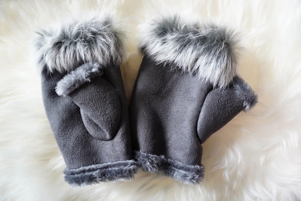 Fur Trimmed Fingerless Gloves - ONLY  Grey LEFT !!!