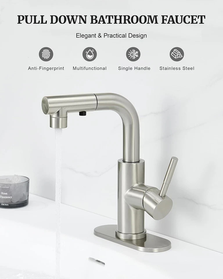 Brushed Nickel Single Handle Modern Bathroom Faucet with Pull Out Sprayer, 15.5"