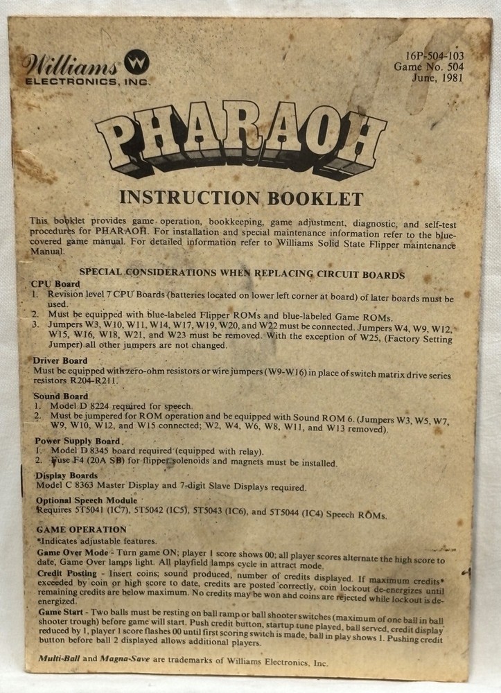 ORIGINAL-WILLIAMS-PHARAOH-OWNERS MANUAL-INSTRUCTION BOOKLET