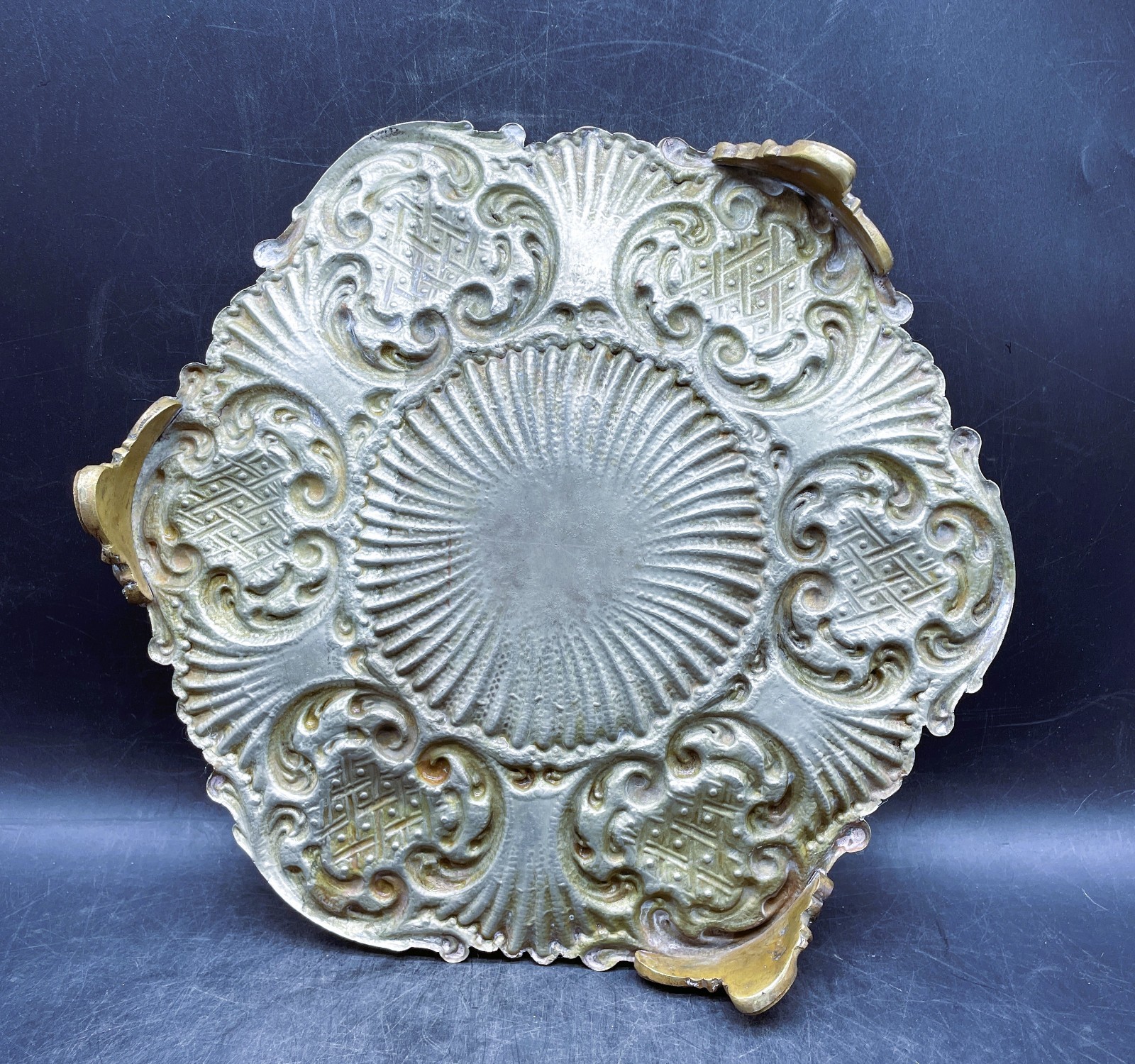 Antique Silver Plate Footed Plateau Stand Tray Ornate Edge, Display