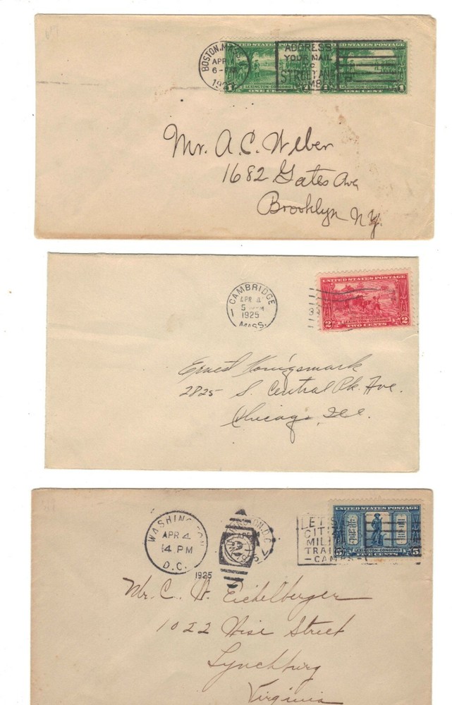 FDC's # 617, 618, 619  Lexington-Concord set -- 1925
