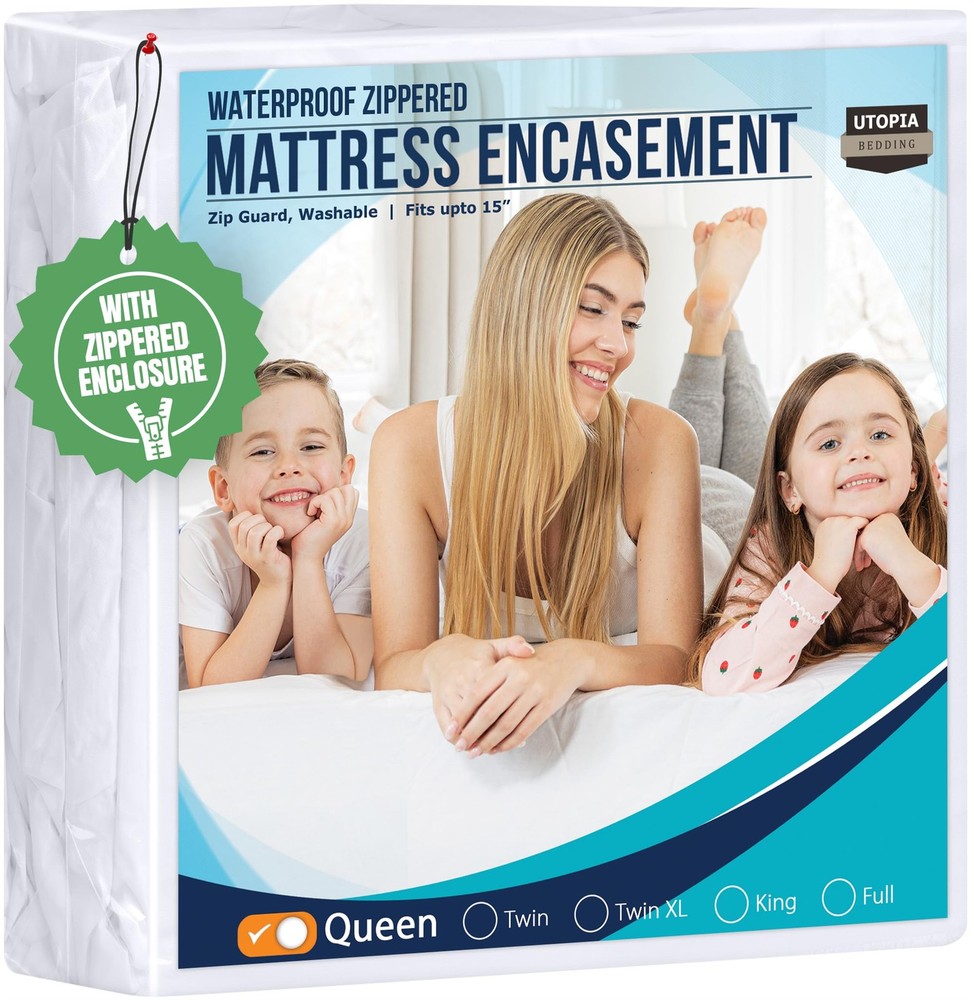 Utopia Bedding Mattress Protector Zippered Queen Size, 100% Queen, White