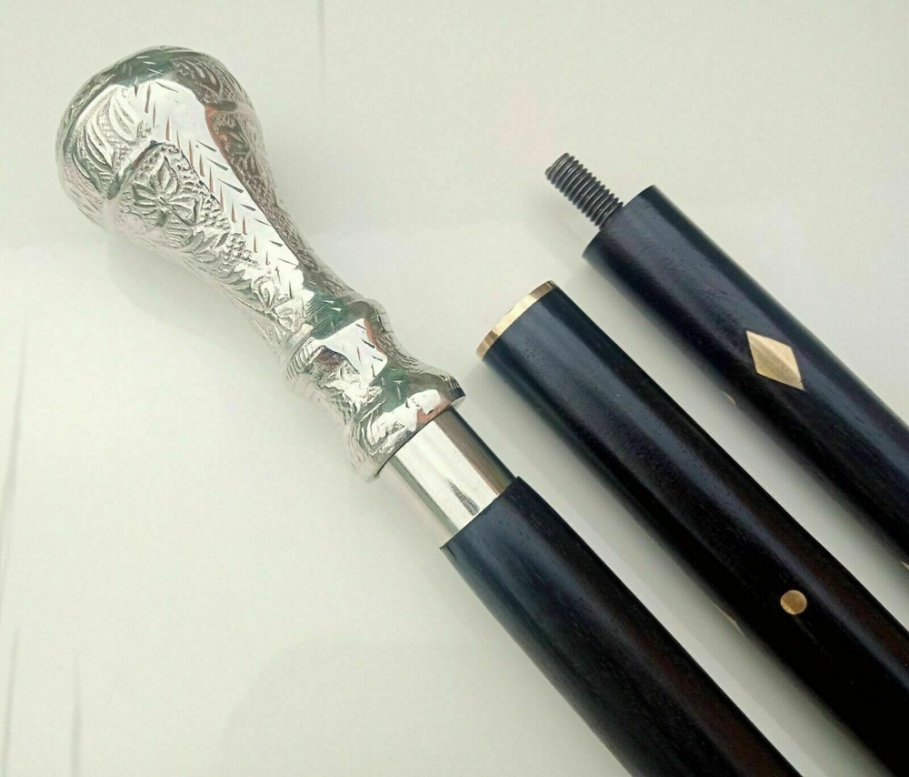 Vintage Luxury Wooden Walk Stick Cane Silver Solid Handle Craved Support Ca