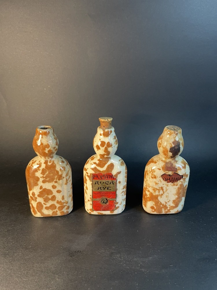 Mohawk Rock & Rye Stoneware Bottles, orig label On One -empty  - Crazing