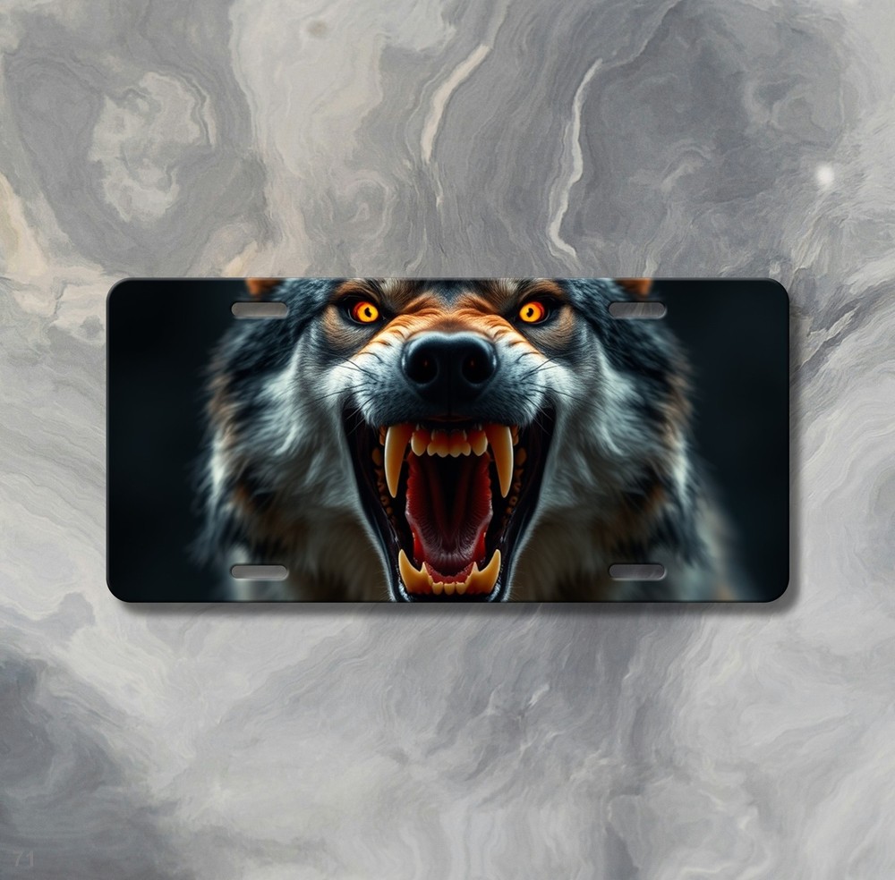 Hyperrealistic Wolf License Plate Fierce Expression Optional Text Front Plate Bi