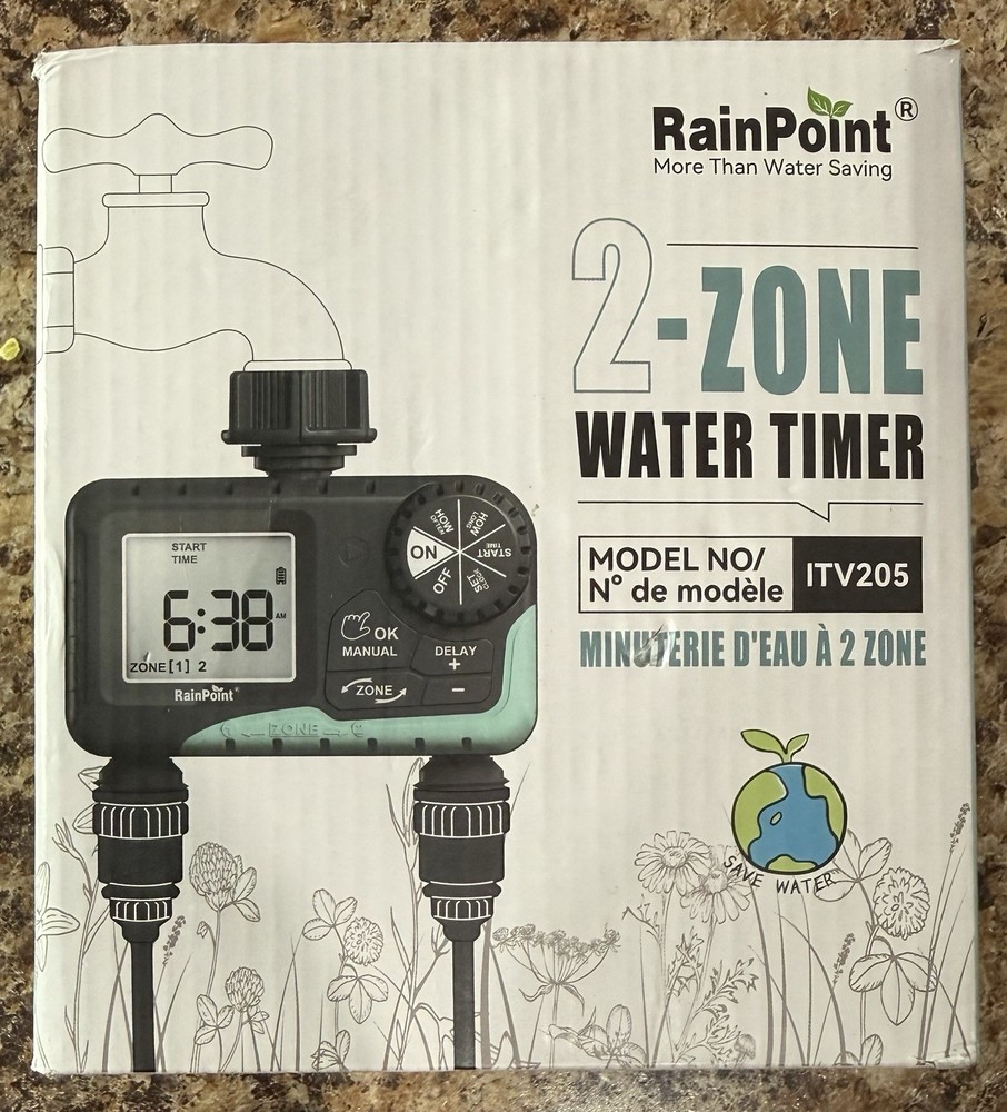New RainPoint Programmable 2 Zone Water Timer - Model Number ITV205