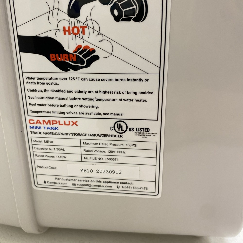 Camplux Electric Mini-Tank Water Heater Instant Hot Water Under Sink RV Workshop