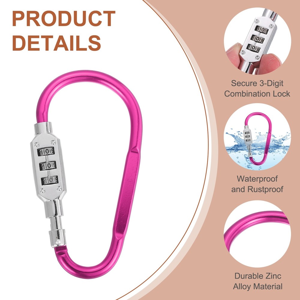 4.8" x 2.4" D-Shaped 3-Digit Code Combination Lock D-Ring Clip Locking, Pink