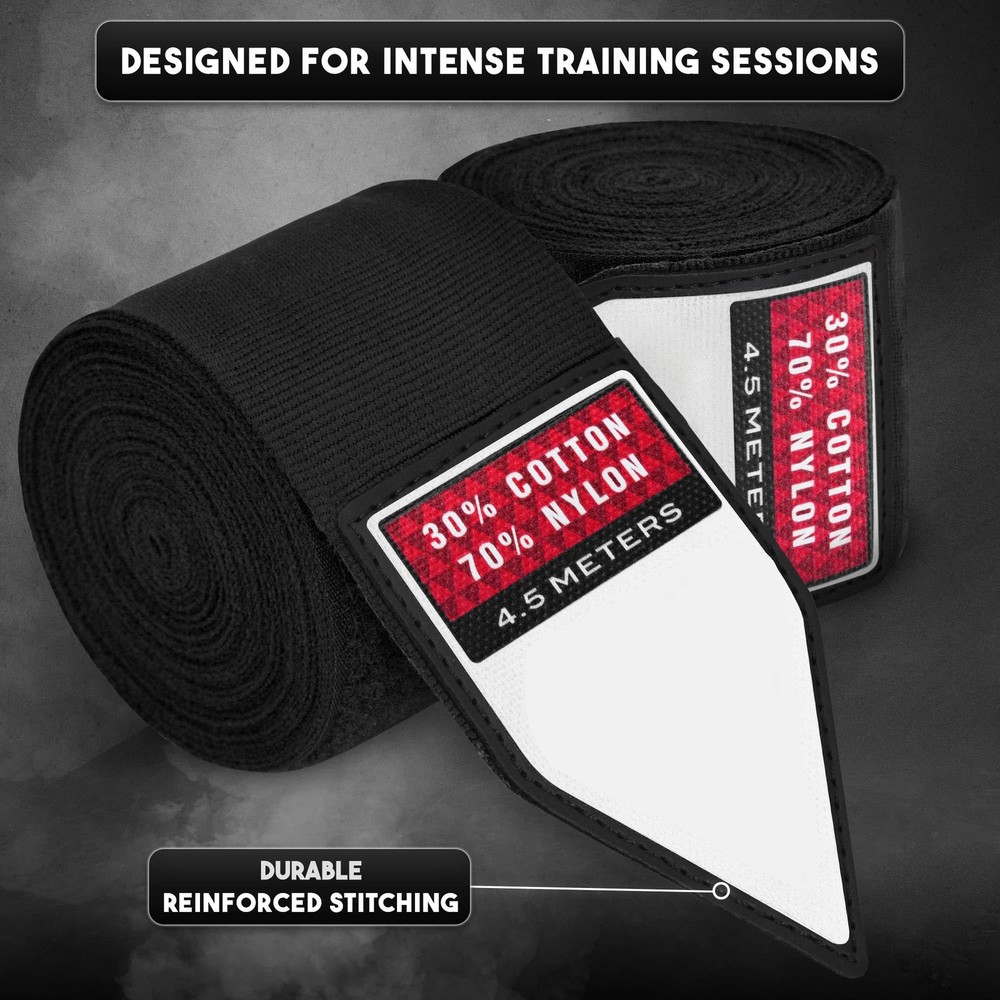 Hand Wraps 4.5M, Thumb Loop, Cotton Nylon Blend, Training, Black