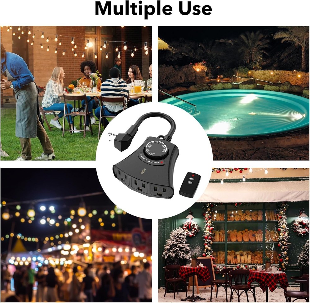 HBN Outdoor Light Timer W/ Remote Control,Waterproof Light Sensor Timer 3-Outlet