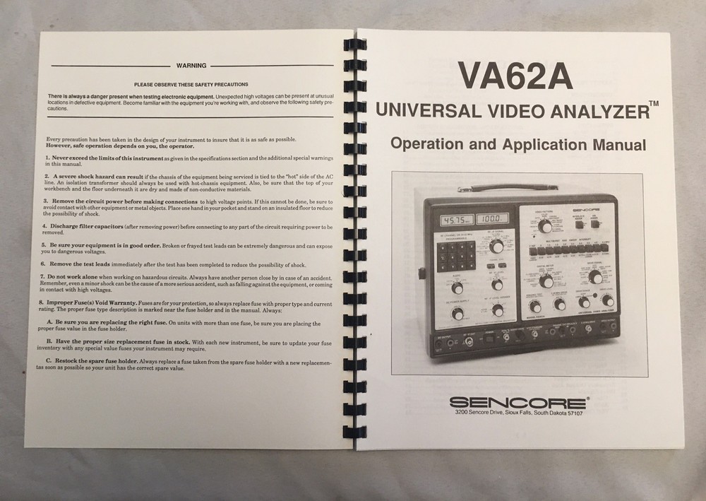 NEW OEM SENCORE VA62A Universal Video analyzer Operation & Application MANUAL!!