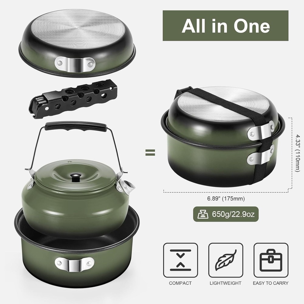 5PCS Camping Cookware Set Non-Stick Pot Pan Kettle Removable Handle Green