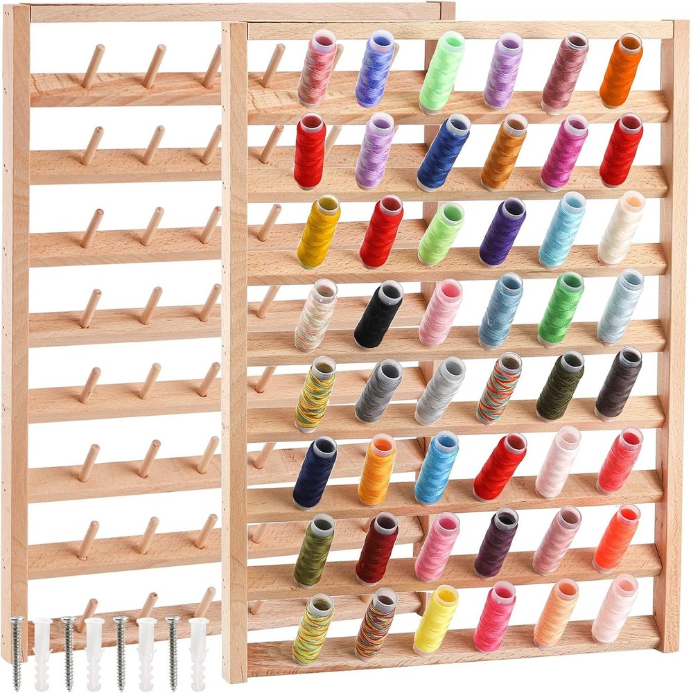 Large 2 Pack Wooden Thread Racks, 48 Spools Wall Mount Storage Organizer for ...