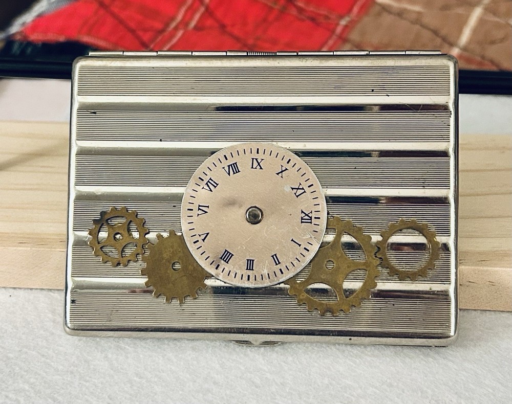 Vintage Silver-Plated Steampunk Cigarette Case, 3” x 4”