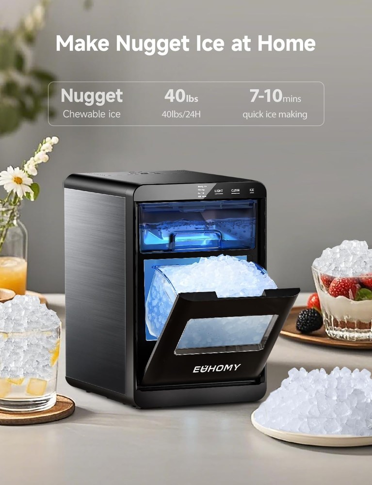 Nugget Ice Maker Countertop, 40Lbs/24H Pebble Ice Maker Machine, Self-Cleanin...