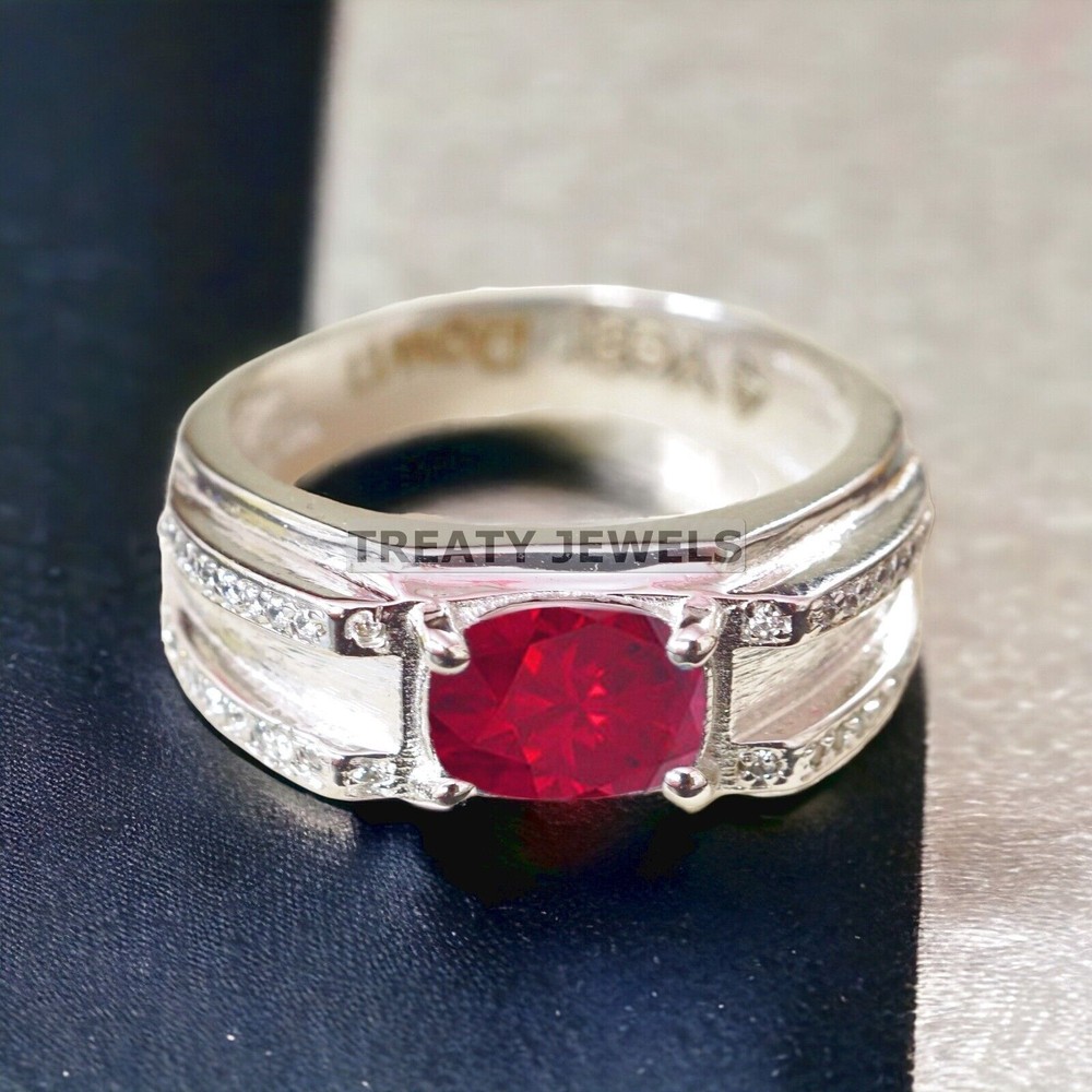Ruby Oval Cut Gemstone With 14K Solid White Gold Ring For Men's #A531