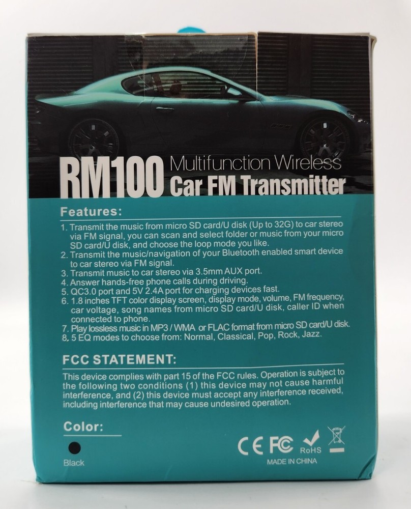 Bluetooth RM100 Multifunction Wireless Car FM Transmitter Kit- Black