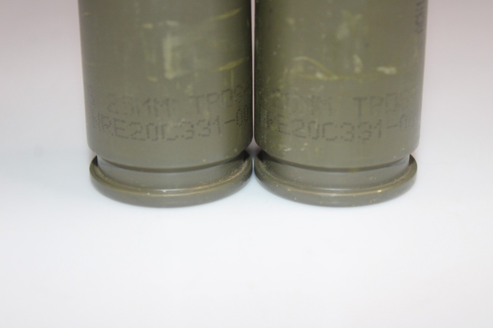 2 empty 25 mm Fired Shell Case casings PAPERWEIGHTS display