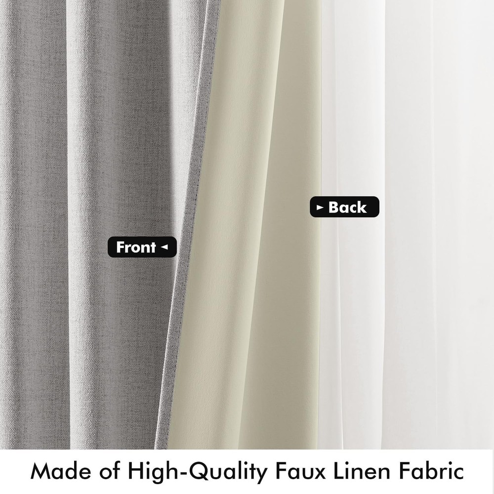100% Blackout Linen Curtains Greyish White Solid Decor Thermal Insulation