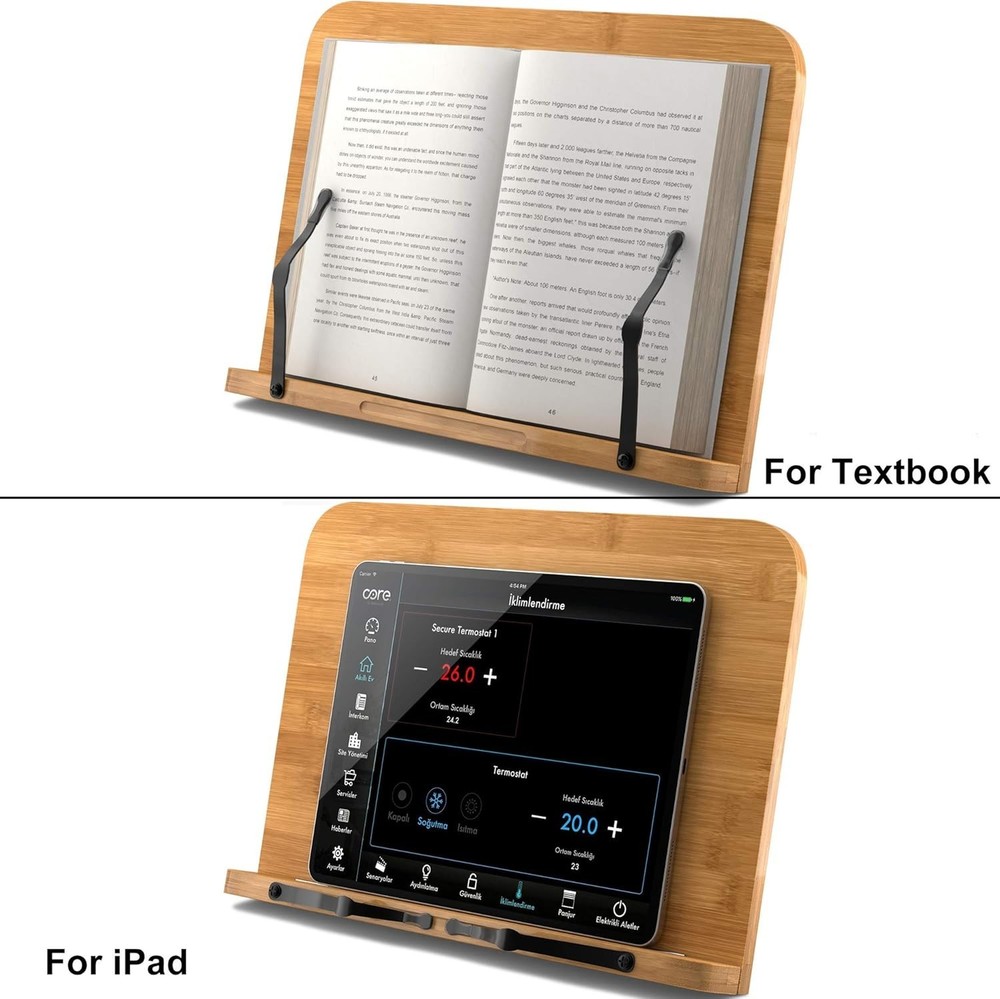 Bamboo Book Stand, Large Book Holder with 6 Adjustable Height, Foldable Cookb...