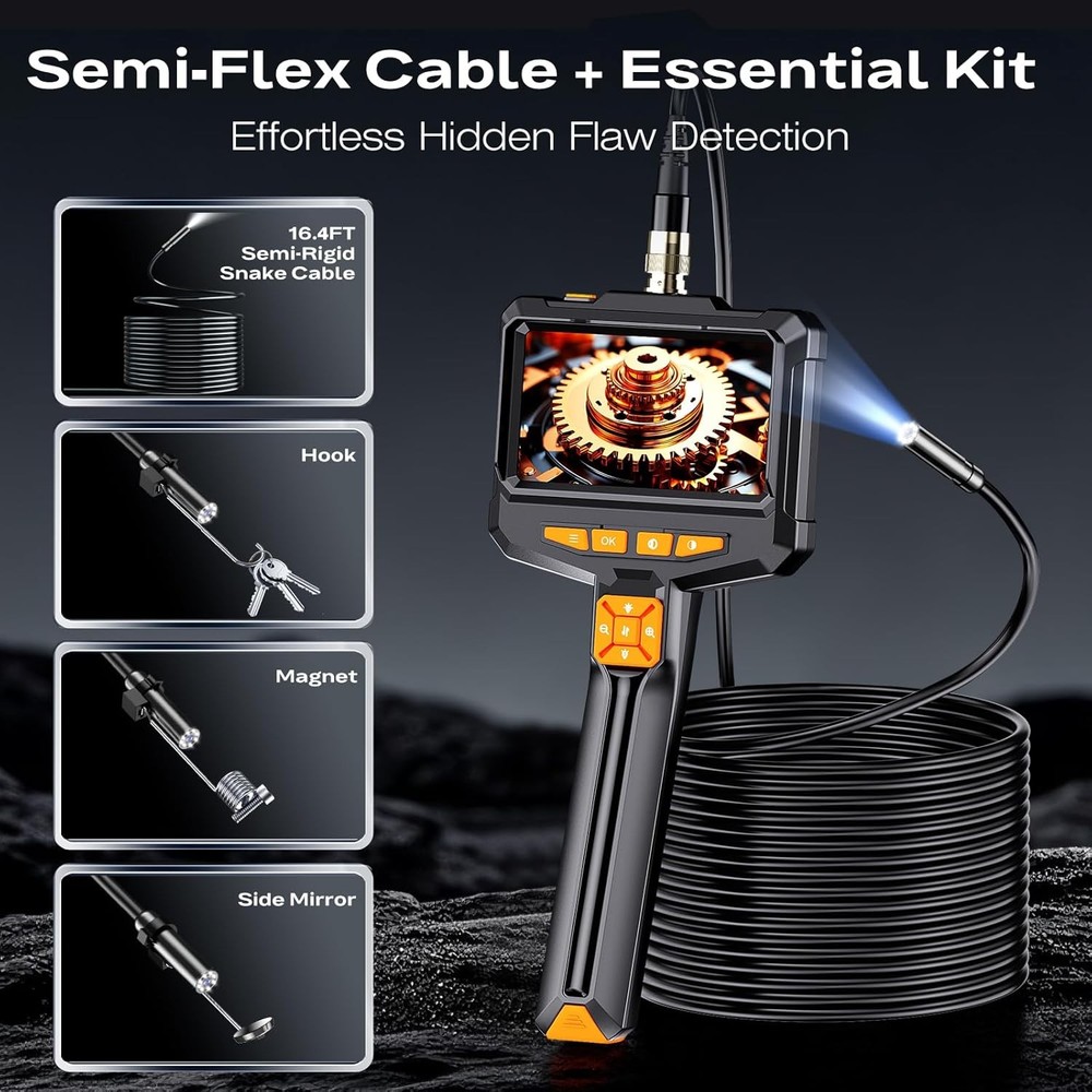 Endoscope Camera with Light, Handheld Borescope 4.3" IPS Screen, black